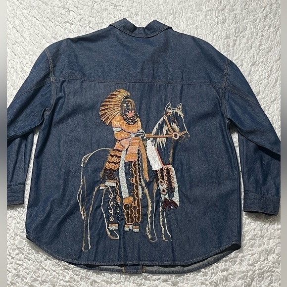 TOGETHER Vintage Denim Native American Indian Embellished Shirt Size 2X - Picture 3 of 8